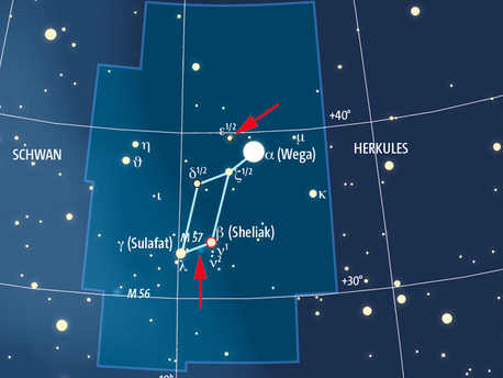 Das Sternbild Leier mit den Positionen des Vierfachsterns Epsilon-1/2 Lyrae und des Ringnebels M57.