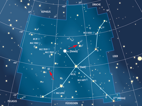 Auch im Sternbild Schwan sind helle Bereiche der Milchstraße zu entdecken - und interessante Doppelsterne, die markiert sind.