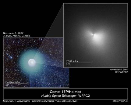 Komet Holmes mit seiner hellen, inneren Koma, der diffusen, grünlichen äußeren Staubhülle und dem Ansatz einen Ionenschweifs am 1. November 2007 (links) Auch auf der am 4. November mit dem Hubbleteleskop gewonnenen Aufnahme des Kernbereichs erkennt man nu