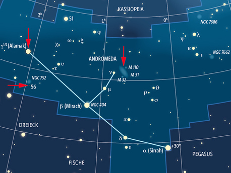 Das Sternbild Andromeda: Eingetragen sind die Lage der Andromedagalaxie (M31) sowie die Positionen der Doppelsterne 56 And und Gamma And.