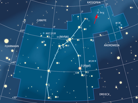 Perseus Dezember 2015 Das Sternbild Perseus mit dem veränderlichen Stern Algol. Markiert ist zudem der doppelte Sternhaufen h und Chi.