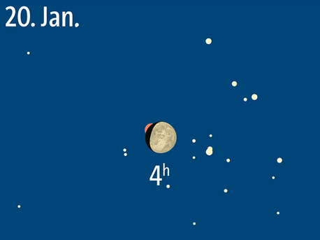 Der Mond bedeckt am 20. Januar kurz nach 4 Uhr Aldebaran.