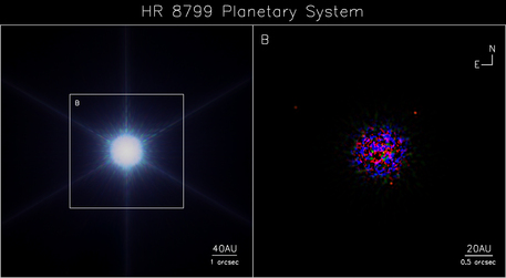 HR 8799 Links der Stern HR 8799, auf dem rechten Teil des Bildes erkennt man in der dazugehörigen Infrarotaufnahme seine drei planetaren Begleiter.