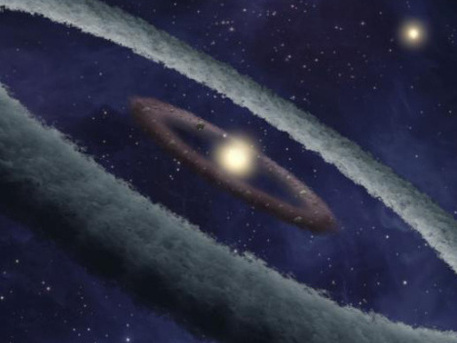 Um einen der beiden Sterne im 424 Lichtjahre entfernten Doppelsternsystem HD 113766 kreist ein Ring aus Staub und Gas. Darin könnte sich womöglich gerade ein erdähnlicher Planet bilden.