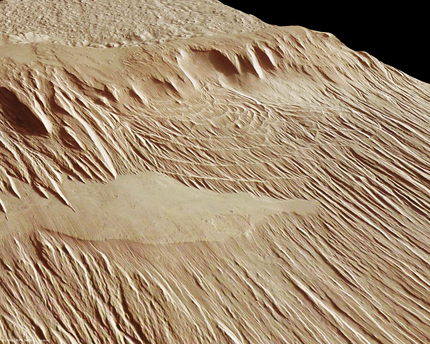 Perspektivische Ansicht eines Ausschnitts im Gebiet Eumenides Dorsum 