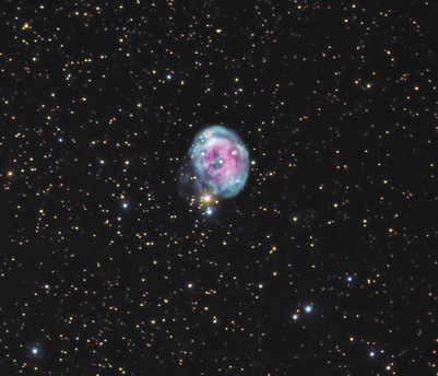 Das Bild zeigt den Planetarischen Nebel NGC 7008 (auch Fetus Nebel), im Sternbild Schwan. In dessen Zentrum regt ein Weißer Zwerg die Gashülle zum Leuchten an. Die Entfernung beträgt 2800 Lichjahre.
