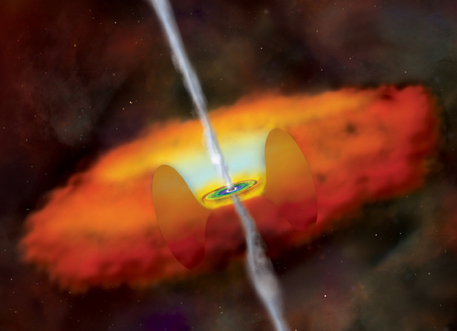 Aktiver Galaxienkern Künstlerische Darstellung eines schnell wachsenden Schwarzen Lochs, auch bekannt als aktiver Galaxienkern (AGN).