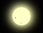 Corot-Exo-7b (punktförmiger Schatten unten) zieht vor seinem Stern vorbei - maßstabsgetreue, künstlerische Darstellung des Durchgangs nach Messungen von Corot. Der extrasolare Planet umkreist sein Zentralgestirn in nur 20 Stunden.