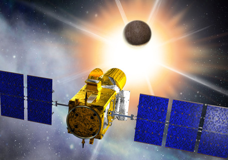 Künstlerische Darstellung des Exoplanetenjägers Corot auf der Pirsch nach erdähnlichen Welten um fremde Sonnen