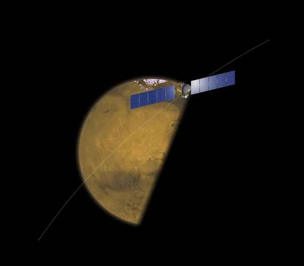 Das Bild zeigt in einer Fotomontage, wie sich die Sonde in der Nacht vom 17. auf 18. Februar 2009 dem Mars nähert und dann auf der Tagseite den Marsäquator überquert. Anschließend wird Dawn über die Südhalbkugel fliegen und sich wieder vom Mars entfernen.