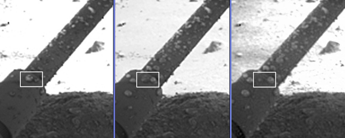 Sich vereinigende und anwachsende Wassertropfen auf einem der Phoenix-Beine. Die Bilder stammen vom 8., 31. und 44. Marstag der Phoenixmission.
