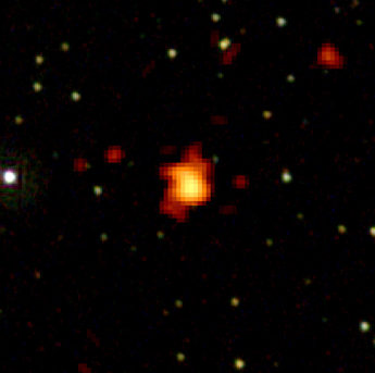 Das Röntgen-Nachleuchten des Gammastrahlungsausbruchs (Gamma Ray Bursts) GRB 080916C erscheint orange und gelb in dieser Bildmontage der Ultraviolett-, Röntgen-, und optischen Teleskopen des Swift Satelliten.