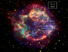Cassiopeia A supernova remnant. The overlaid lines indicate the polarized signal from cold dust within the remnant with the strength marked by the length of each line. The temperature of this dust is around -250°C. 