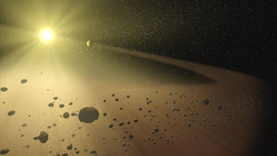 Künstlerische Darstellung: Ein enger Asteroidengürtel in der Umlaufbahn eines Sterns, der ähnlich wie unser Sonne vor 30 Millionen Jahren aussieht.  