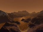 An artist's imagination of hydrocarbon pools, icy and rocky terrain on the surface of Saturn's largest moon Titan.