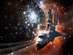 Künstlerische Darstellung der letzten Service Mission des Shuttle Atlantis am Hubble Weltraumteleskop